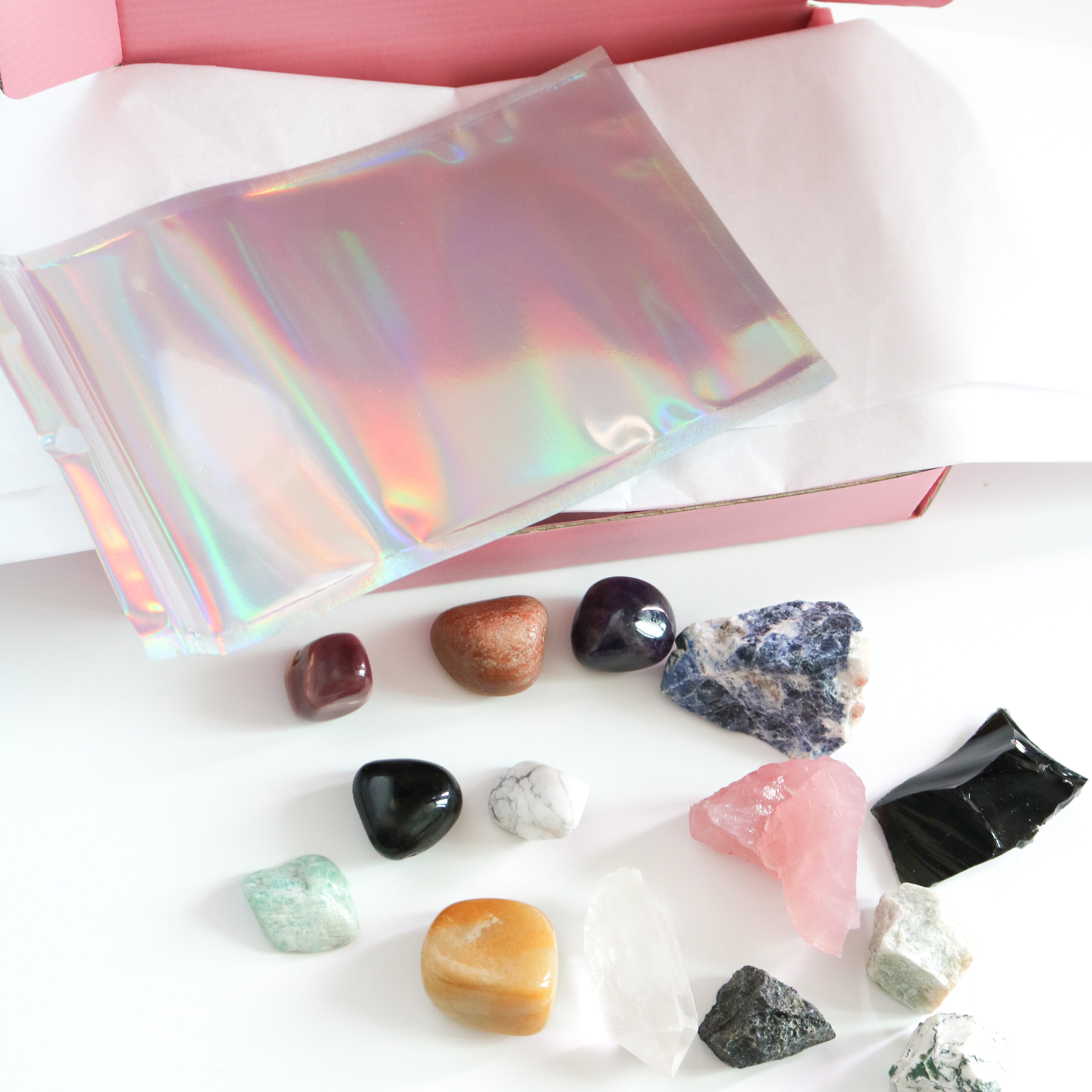 online shop for crystal kits - box full of crystals