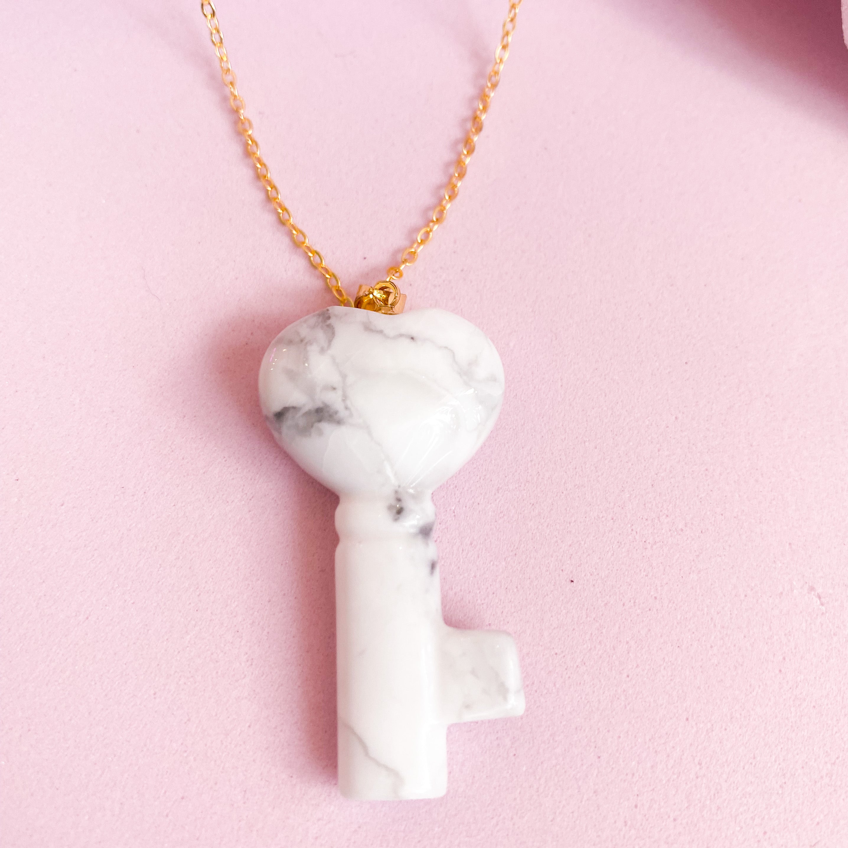 Howlite Crystal Key Necklace on Gold Chain