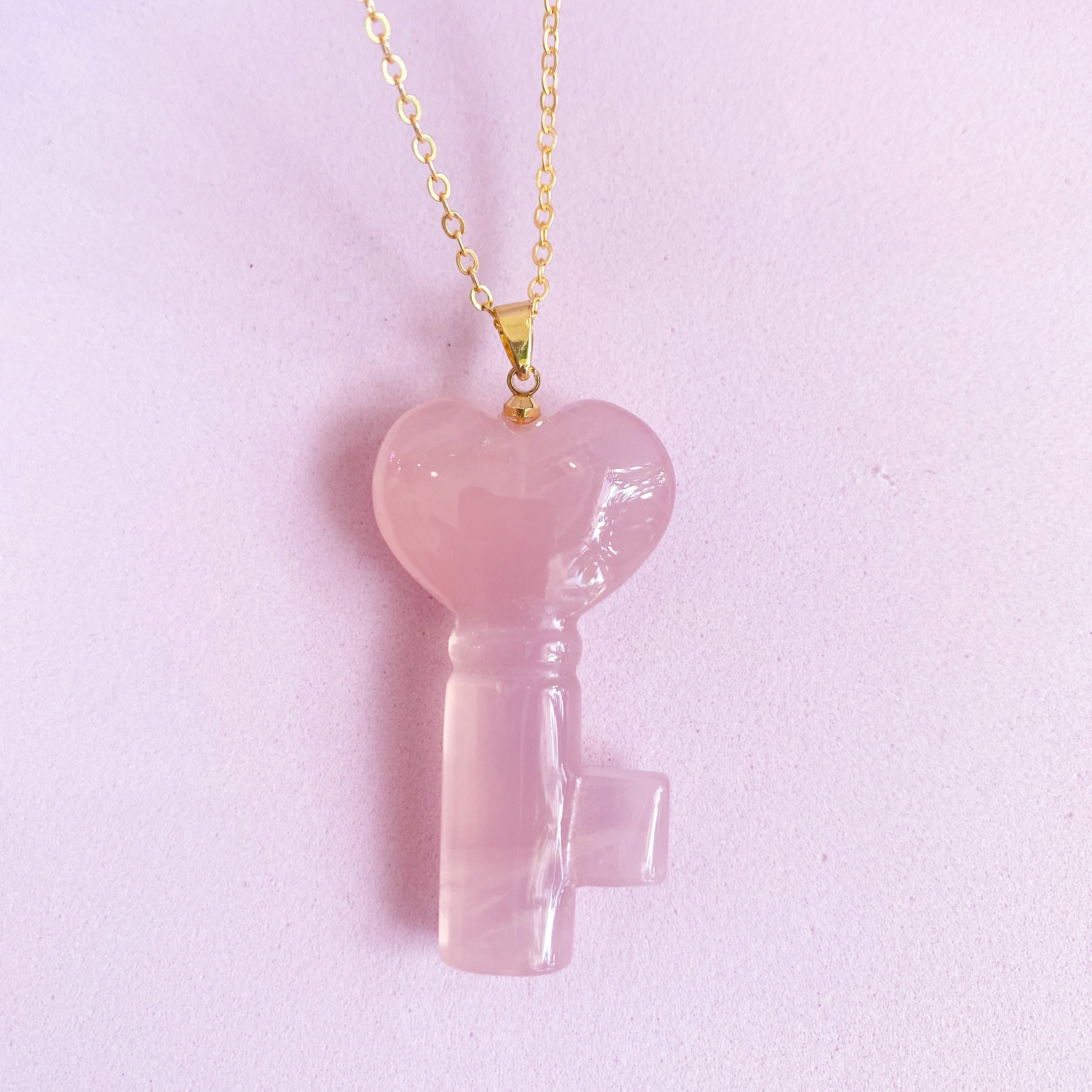 Rose Quartz Crystal Key Necklace with gold chain