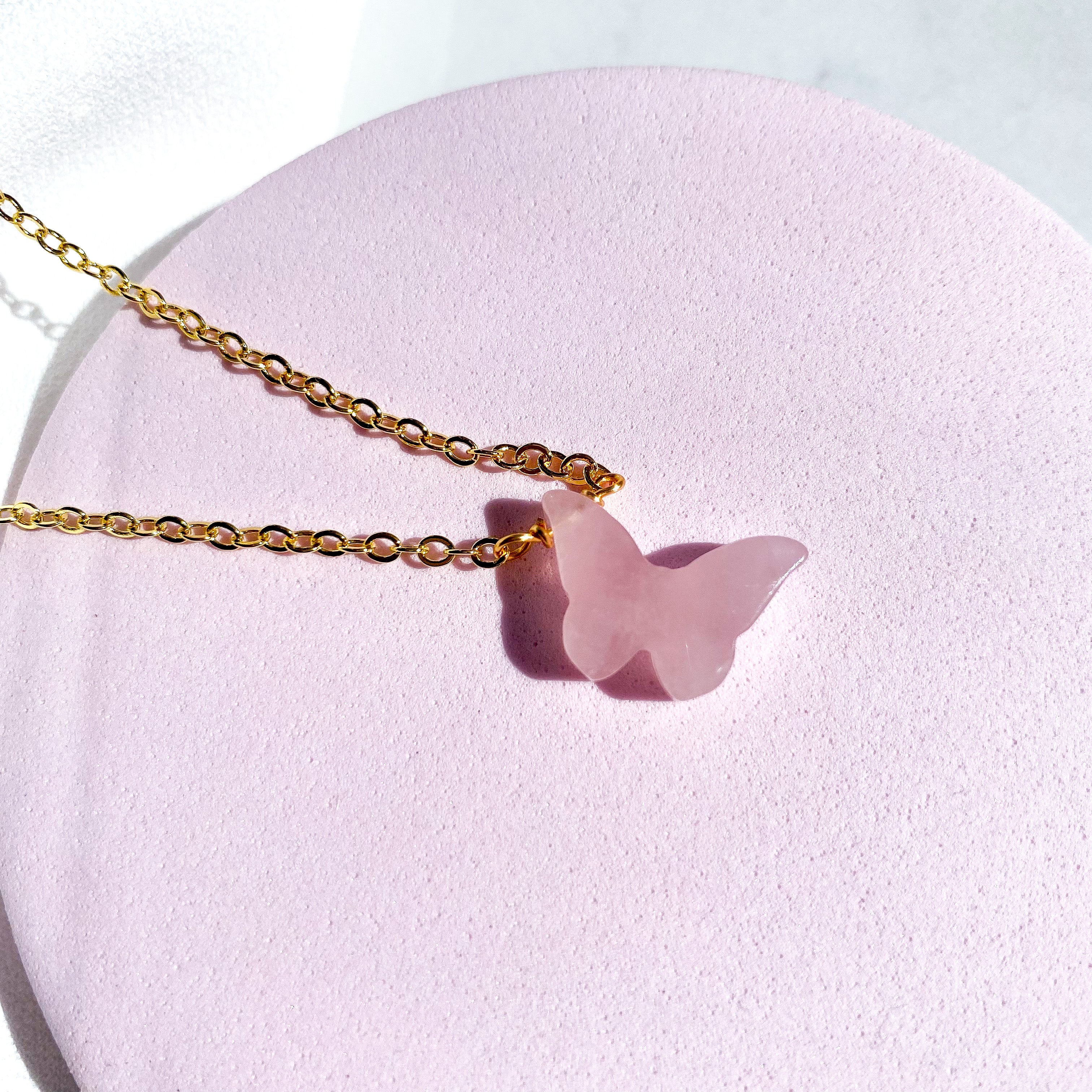 Rose Quartz Butterfly Necklace on Gold Chain